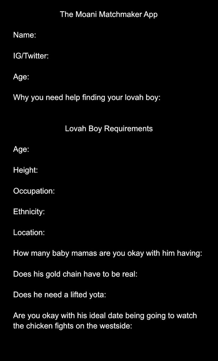 micahg808's tweet photo. The Moani Matchmaker services are finally open for business &amp; I wanna help some hunneh girls find their lovah boys on Friday nights at Moani Waikiki. If you’re down, DM me the completed application below and let’s get you off the streets 🫡 https://t.co/65XyxdT4TB