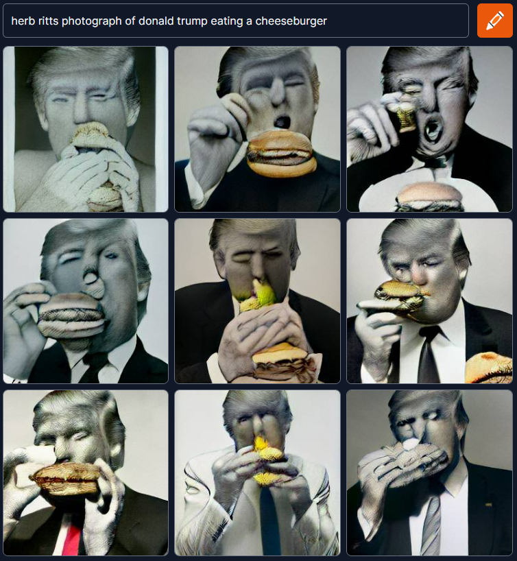 CursedDallEGens's tweet photo. Herb Ritts photograph of #DonaldTrump eating a cheeseburger. #dalle #weirddalle #dallemini #curseddalle #cursed #craiyon #craiyoncreations #trump #cheeseburger https://t.co/DIXXhoNtBs