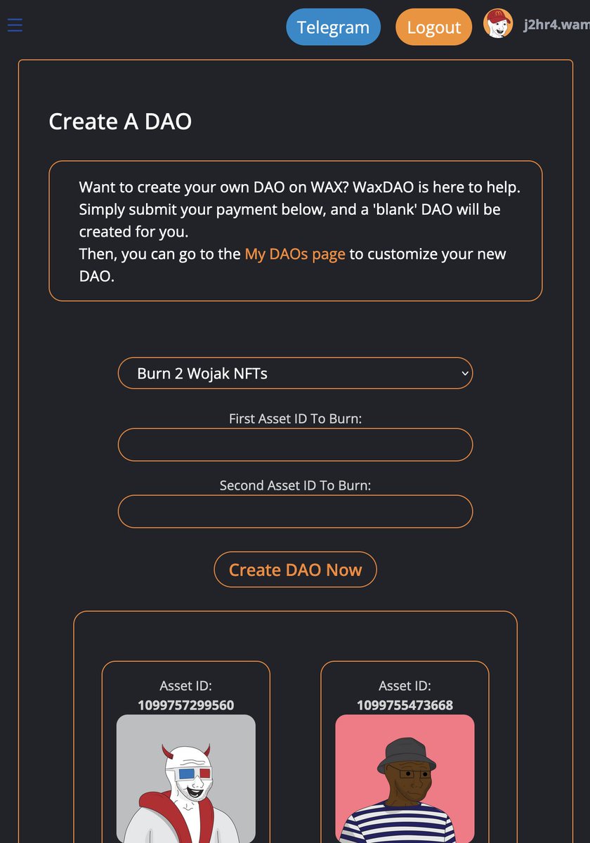 MikeD_Crypto's tweet photo. Alright fam, DAOs are officially live on WaxDAO

https://t.co/jIgMDZ2GmY

This is version 1, "Beta" etc etc so don't expect it to be flawless just yet.

I'll be rolling out new features and making things look nicer over the coming days/weeks. https://t.co/s7iyOzDEBh