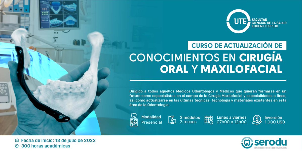 UTEoficial's tweet photo. #Curso | ¡Actualiza tus conocimientos en Cirugía Oral y Maxilofacial con la UTE! 💚🤍💙
📆Iniciamos el 18 de julio de 2022.
¡Inscríbete aquí!➡ https://t.co/A6YyjO4sst
#UTE #Serodu #Odontología #MejorasTúMejoraTodo https://t.co/BAm7orGy9R