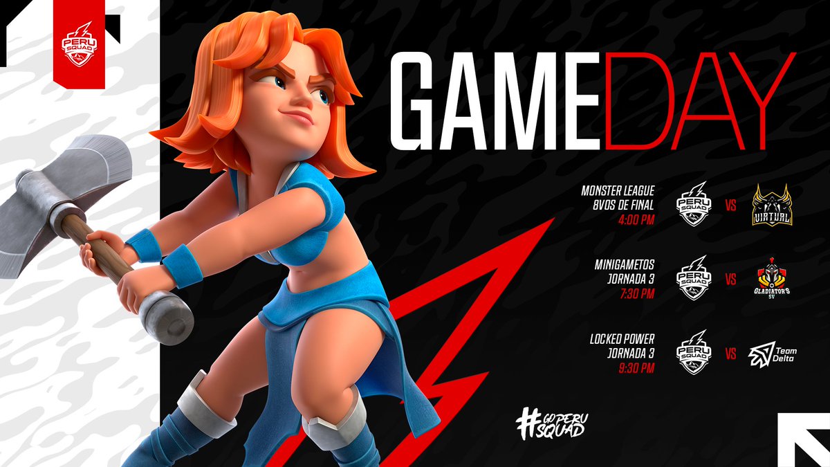 #CR | GAMEDAY ⚡️

🗓 Jueves 07/07/2022

🏆 <a href="/MonsterLeague/">Monster League</a>
◼️ 8vos de Final
🆚️ @VirtualEsport12
⏰️ 16:00 🇵🇪

🏆 @GametosMini
◼️ Jornada 3
🆚️ <a href="/Gladiators_Sv_/">Gladiator's Sv</a>
⏰️ 19:30 🇵🇪

🏆 <a href="/Locked_Power/">Locked Power</a>
◼️ Jornada 3
🆚️ <a href="/TDelta_CR/">Team Delta (Δ)</a>
⏰️ 21:30 🇵🇪

#ClashRoyale #GoPeruSquad