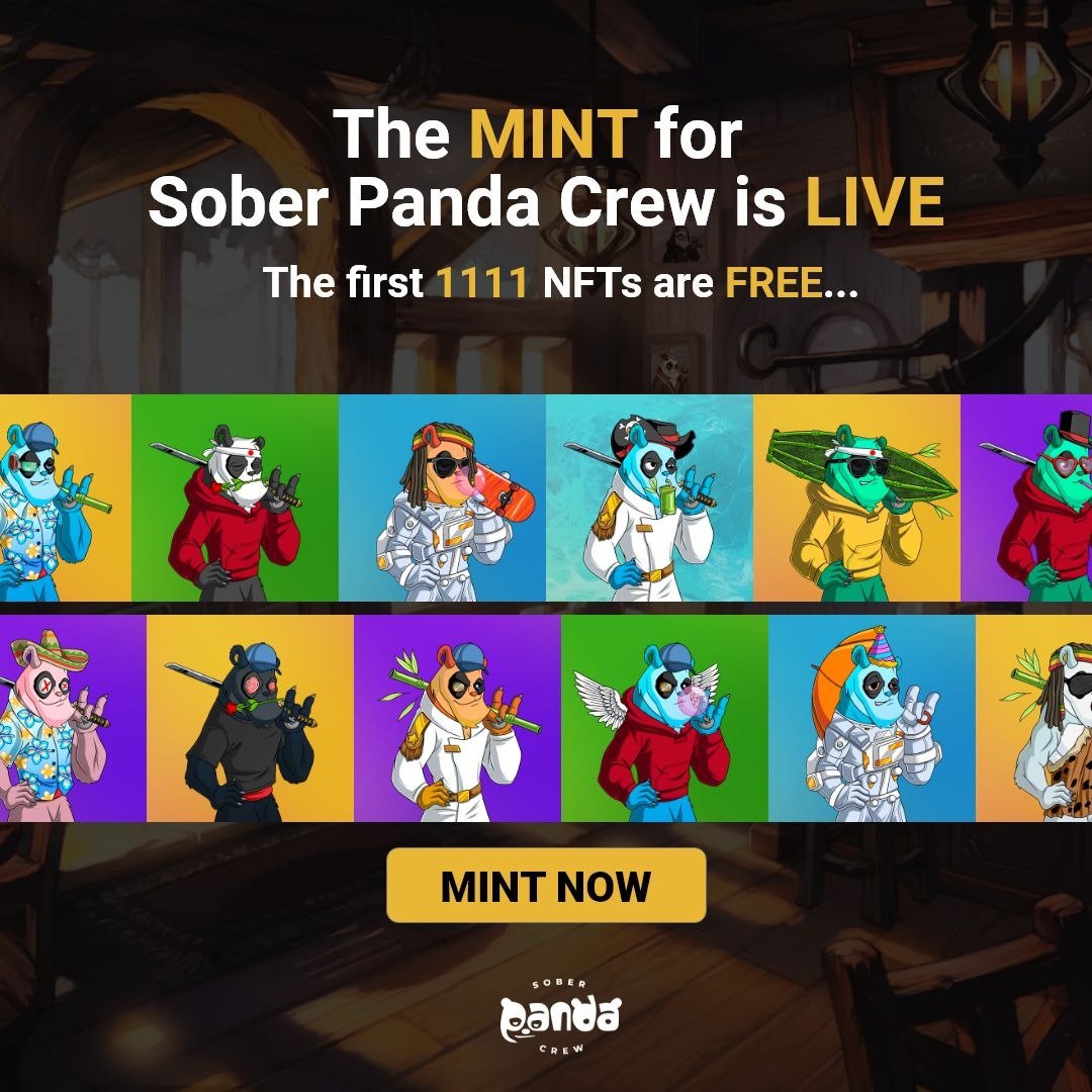 The mint for Sober Panda Crew is now finally LIVE!
The first 1,111 NFTs are free... 🎁
Join our community and feel the panda unity 🐼🌎
Mint link: mint.soberpandacrew.com
#Opensea #OpenSeaNFT #ETH #pandas #FreeMint #soberlife #soberpandalink #Mint #savepandas #nftart #NFTCom