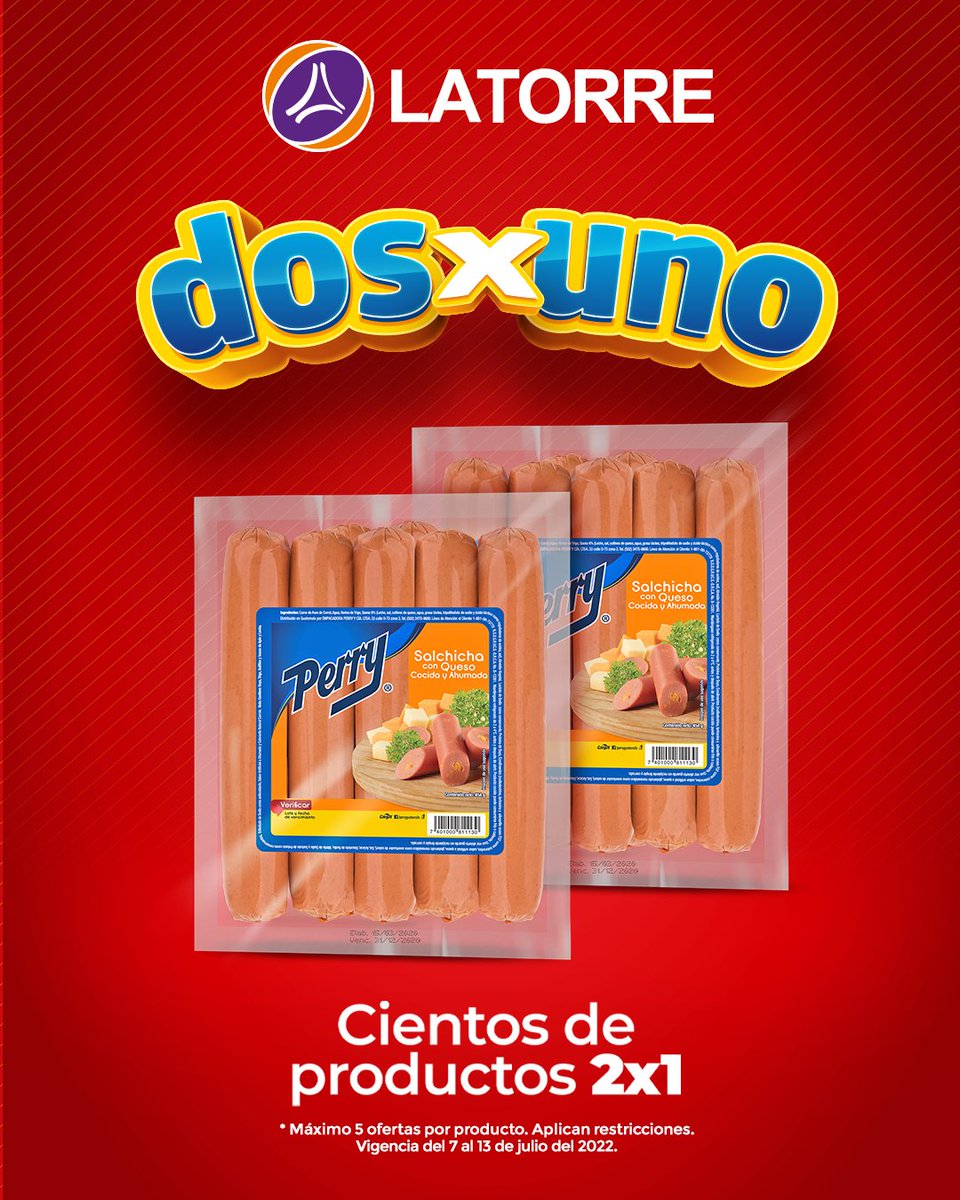 ¡Lleva el doble con el 2x1 de La Torre! 🛒 ​

*Oferta vigente del 7 al 13 de julio del 2022. Máximo 5 ofertas por producto. Aplican restricciones. Mientras duren existencias.