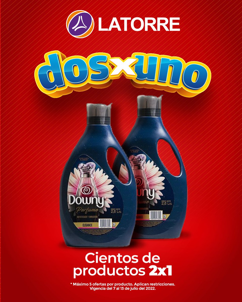 ¡El 2x1 de La Torre llegó! 😱 ​
​Aprovecha cientos de tus productos favoritos al 2x1. 🛒 ​
​
*Oferta vigente del 7 al 13 de julio del 2022. Máximo 5 ofertas por producto. ​Aplican restricciones. Mientras duren existencias.