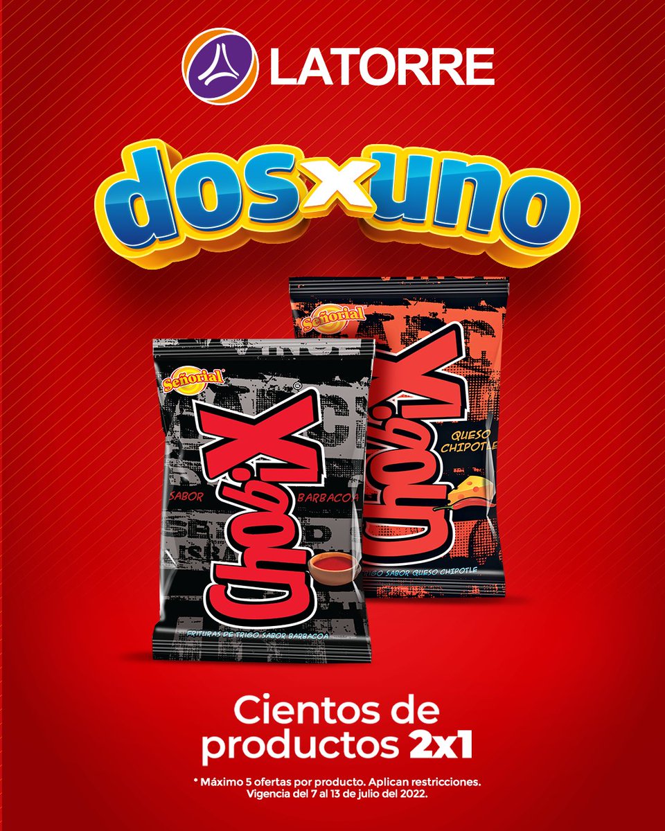 Aprovecha el 2x1 en tus antojos favoritos solo en La Torre 😱🛒 ​
​
*Oferta vigente del 7 al 13 de julio del 2022. Máximo 5 ofertas por producto. Aplican restricciones. Mientras duren existencias.