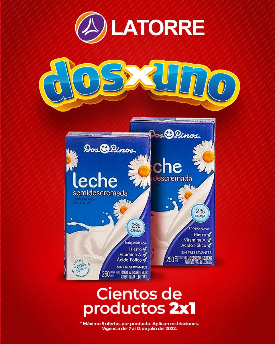 El 2x1 de La Torre llegó, con cientos de productos al dos x uno. 🛒​
​
*Oferta vigente del 7 al 13 de julio del 2022. Máximo 5 ofertas por producto. Aplican restricciones. Mientras duren existencias.