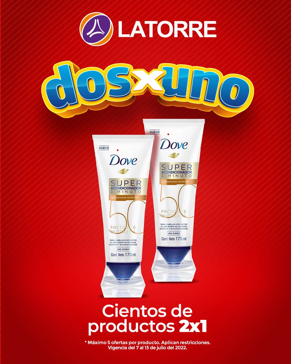 ¡Aprovecha el 2x1 en La Torre y llena tu alacena con cientos de productos! 🛒 😱​
​
*Oferta vigente del 7 al 13 de julio del 2022. Máximo 5 ofertas por producto. Aplican restricciones. Mientras duren existencias.