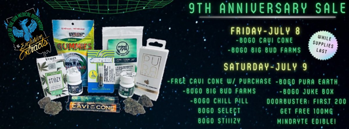 9 Year Anniversary Celebration 🎉 
Come Catch Great Deals From You’re Favorite Cannabis Brands!