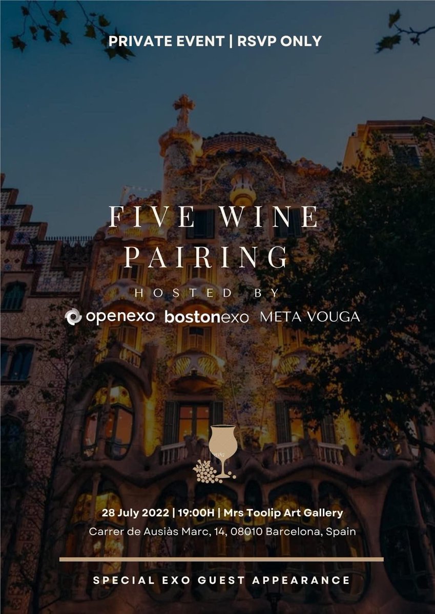bostonexo's tweet photo. Attending the The Festival of Consciousness later this month? Join @OpenExO, @bostonexo and @metavouga when we host a pre-party the night before: a Five Wine Paring at an art gallery in Barcelona! Tickets: https://t.co/wwrgN4cjoD
#exo #exocommunity #openexo #bostonexo #metavouga https://t.co/wNur7Z0iVC