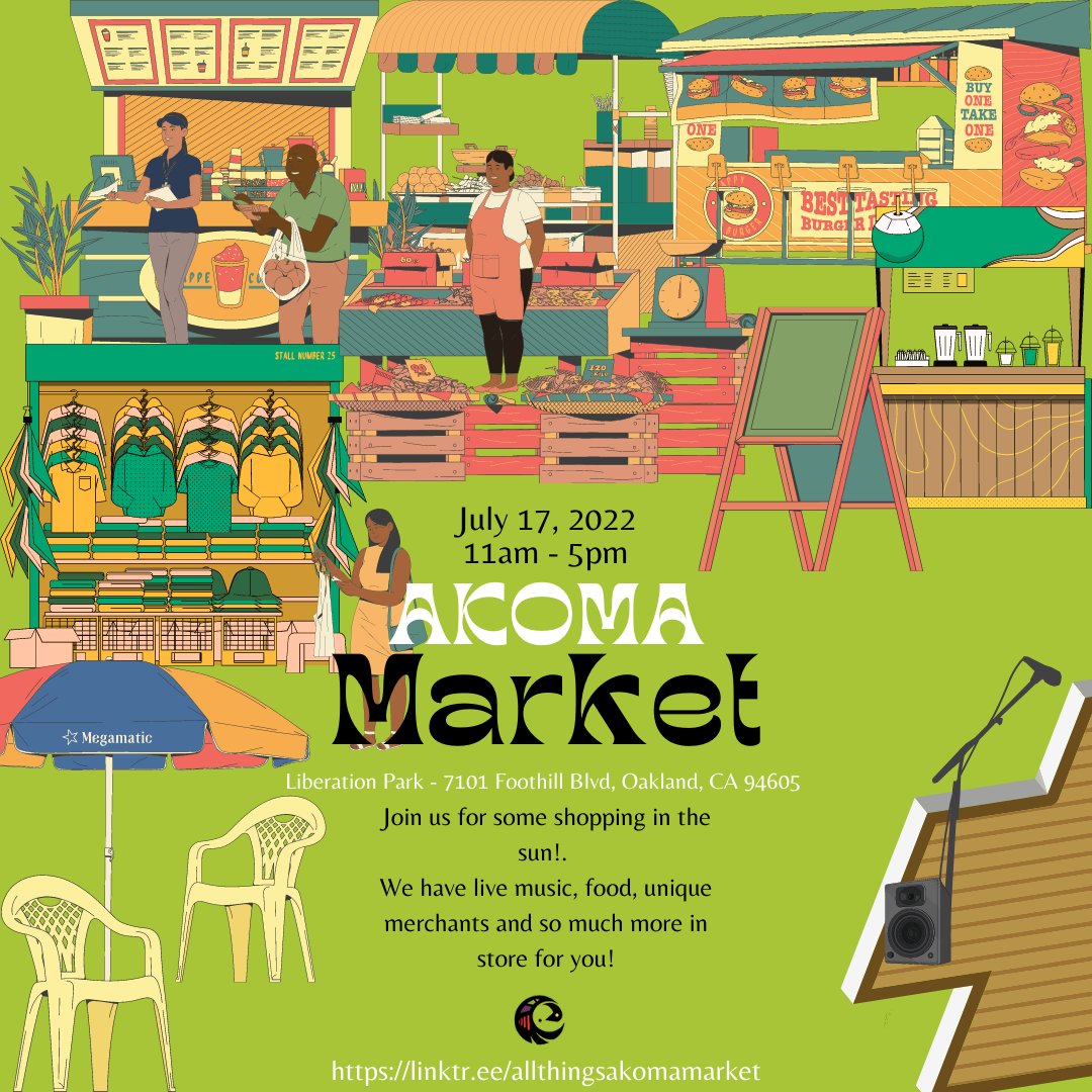 EastOaklandBCZ's tweet photo. Join us for another sunny summer Sunday at the market.  You can shop, skate, listen to live music, eat great food and meet great people from 11am until 5pm on July 17th at Liberation Park.  We can't wait to see you! https://t.co/GREx5w2Lei
