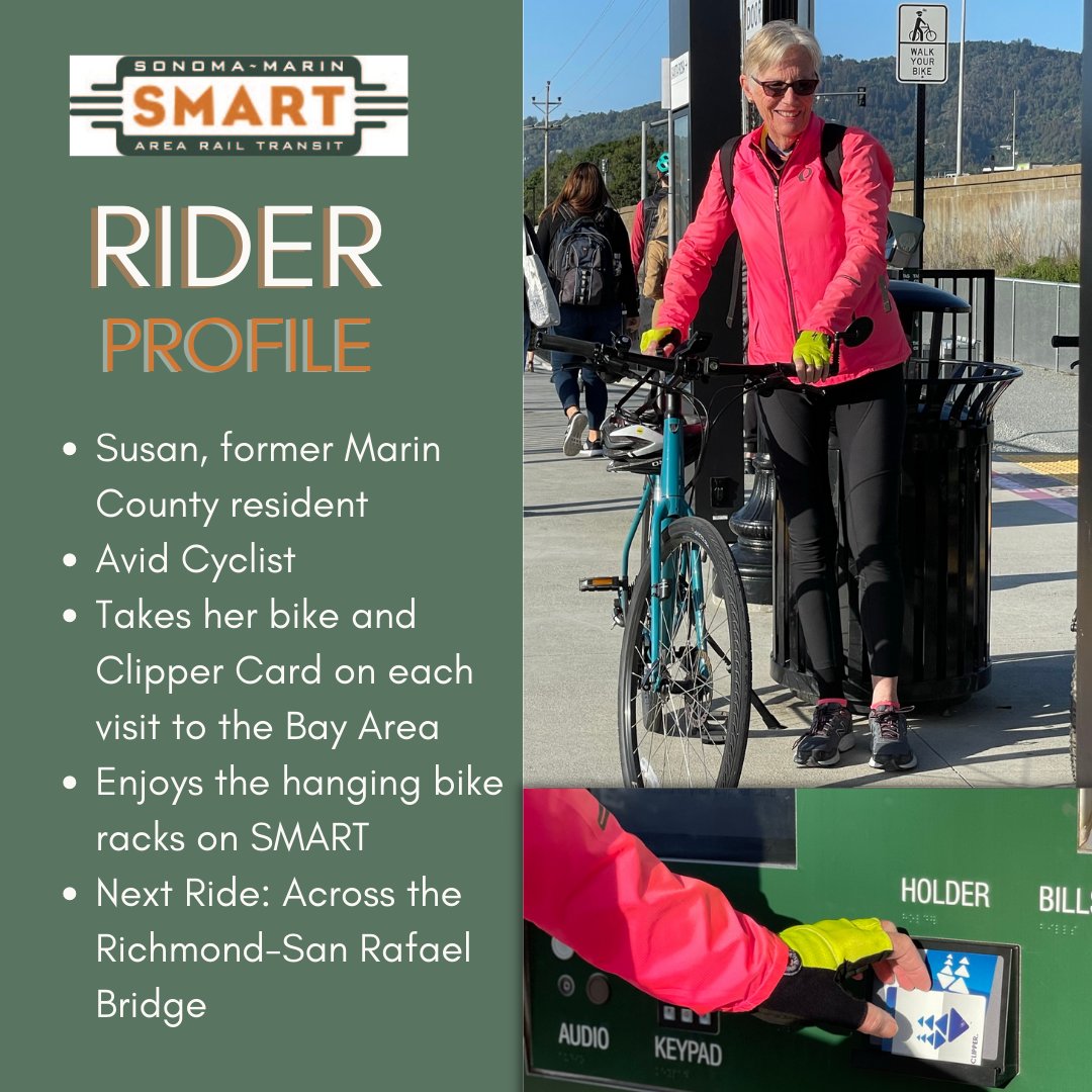 smarttrain's tweet photo. Susan, former #MarinCounty resident visits the #BayArea about once a month. She always brings her bike & #ClipperCard on the train. She said, “the Clipper card is a seamless way to pay my fare.” On this day, Susan was on a ride across the #Richmond-SanRafaelbridge. #GoSusan https://t.co/4mpB8VRrDH