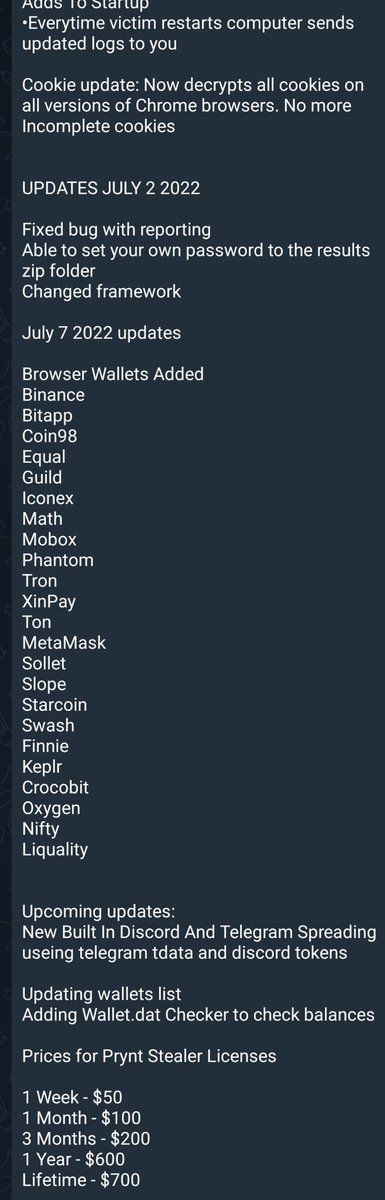 Gi7w0rm's tweet photo. #malware #news 

#Prynt #Stealer has released Prynt v5.1 
It includes new capabilities to steal browser #crypto
#wallets . Upcoming updates to include Telegram and Discord spreading via victim tokens and a wallet.dat check tool.
See images below for full capabilities. https://t.co/OzUgRpMl8D