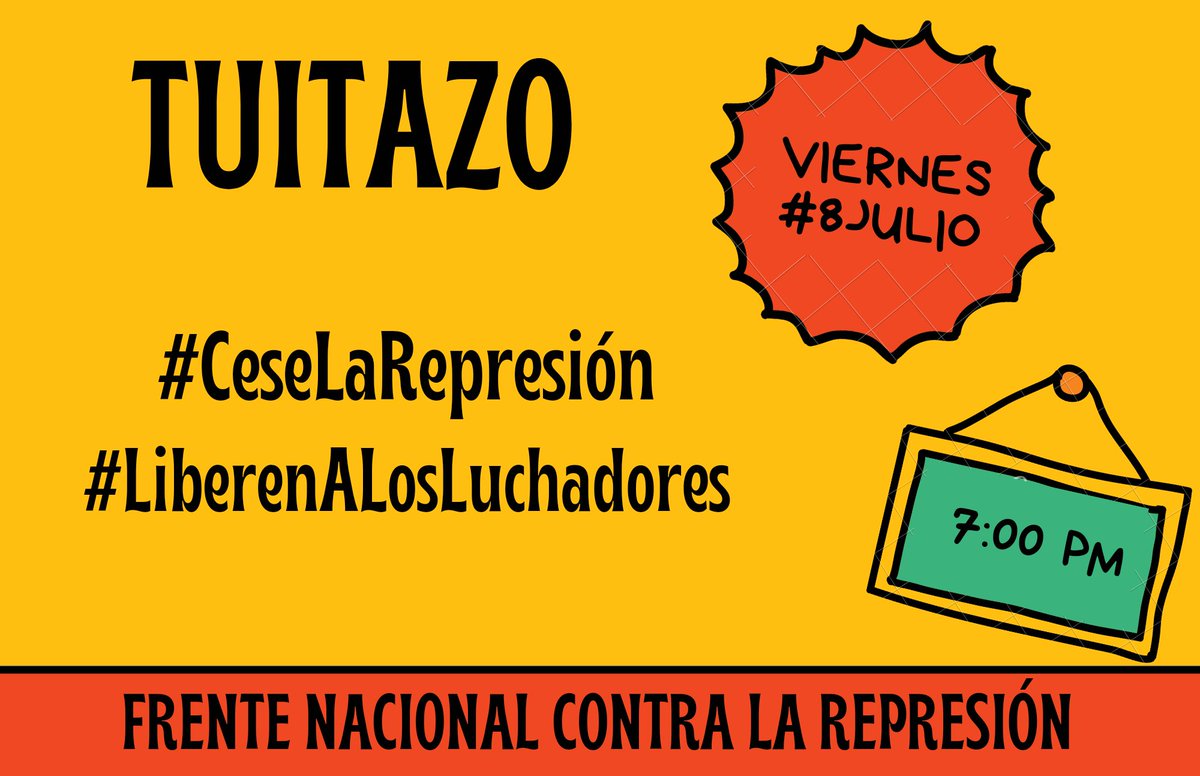 T U I T A Z O / T U I T A Z O

Etiquetas a posicionar

🔻🔻🔻🔻🔻🔻🔻

#CeseLaRepresión

#LiberenALosLuchadores

📆 Viernes #8Julio

🕜 7:00 pm 

FRENTE NACIONAL CONTRA LA REPRESIÓN