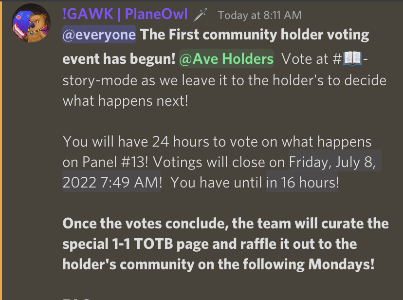 14/ <a href="/BirdsNBlades/">Birds'N'Blades</a> Holder Voting event 

24 hours to vote on what happens on Panel #13

More details in the discord
