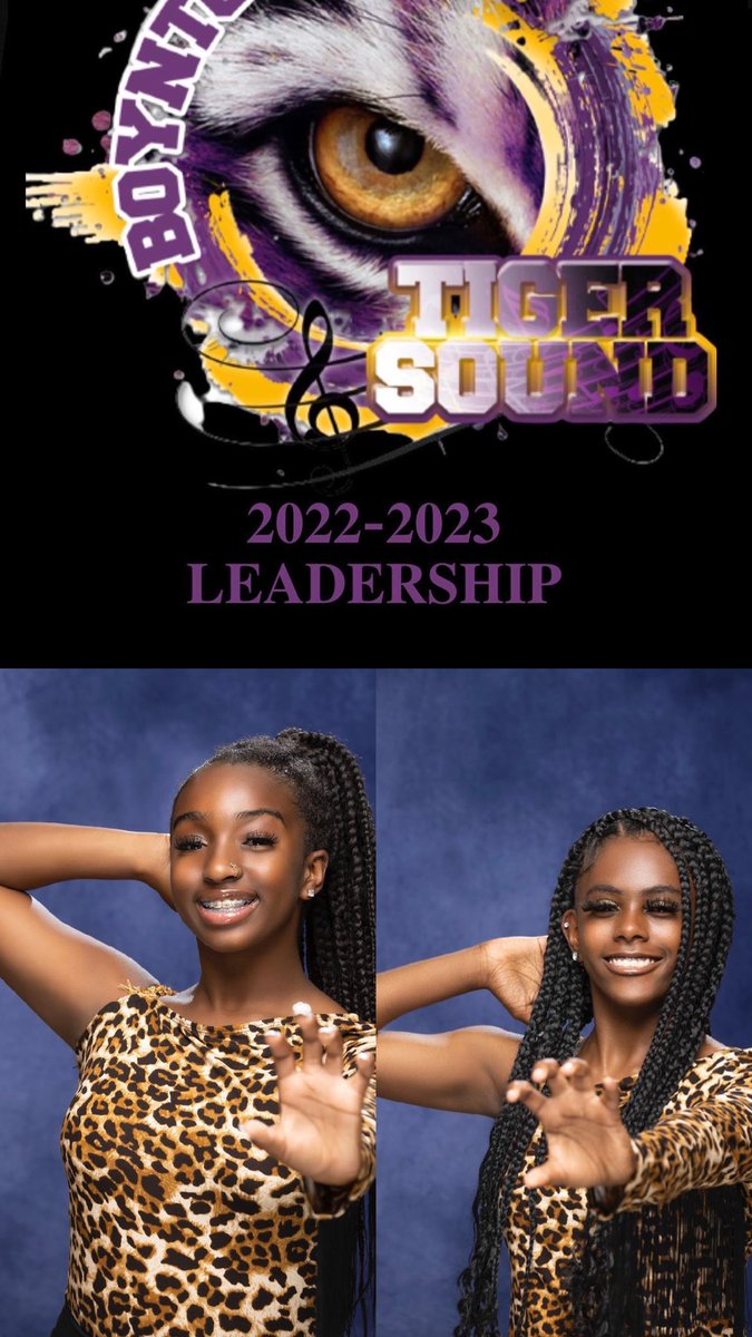 TigerSoundBand's tweet photo. Introducing Boynton Beach Tiger
Sound's 2022-2023 Band Student Leadership. (2/2) 

Percussion Section Leaders : Mario Tynes, Janari Pollock, &amp; Rochney Guillame

Auxiliary Section Leaders : Zahriah Rose &amp; Kenyona Williams https://t.co/WY5G7uN3iy