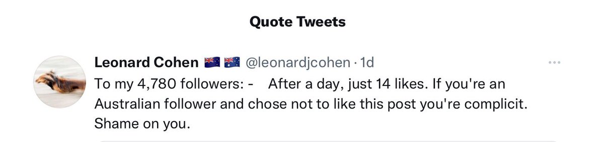5Eyes_insider's tweet photo. Day 4 of FatlenDeparture
@leonardjcohen is proud of the 5k following in the 7 years he’s been on Twitter
Just over 1% have replied to his announcement he’s leaving
Highlights the strength of those relationships and the impact he’s had
A real influencer
#deadbro https://t.co/jlQIfAsUCb