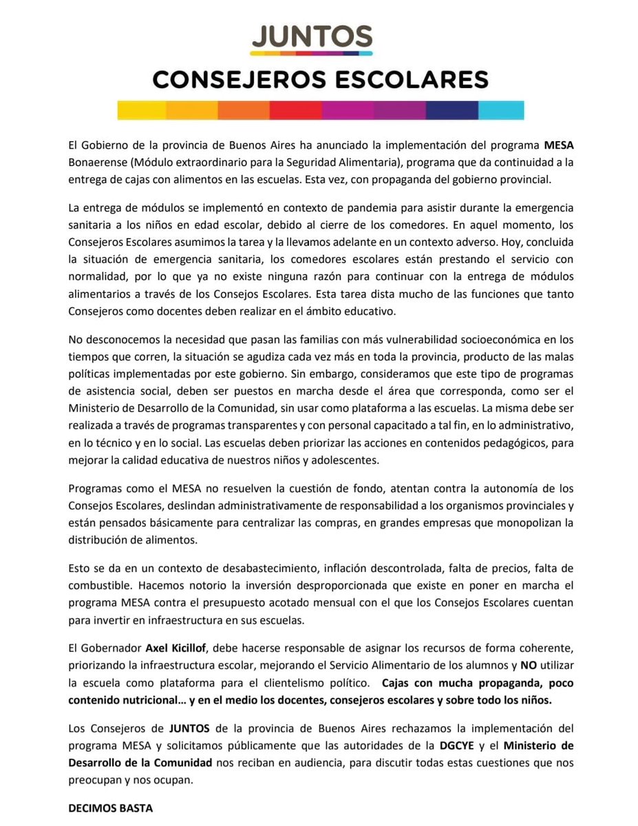 👉Comunicado de Consejeros Escolares de Juntos de la Provincia de Bs. As.

<a href="/ConsejerosJ/">ConsejerosEscolaresJXC</a>
#decimosbasta