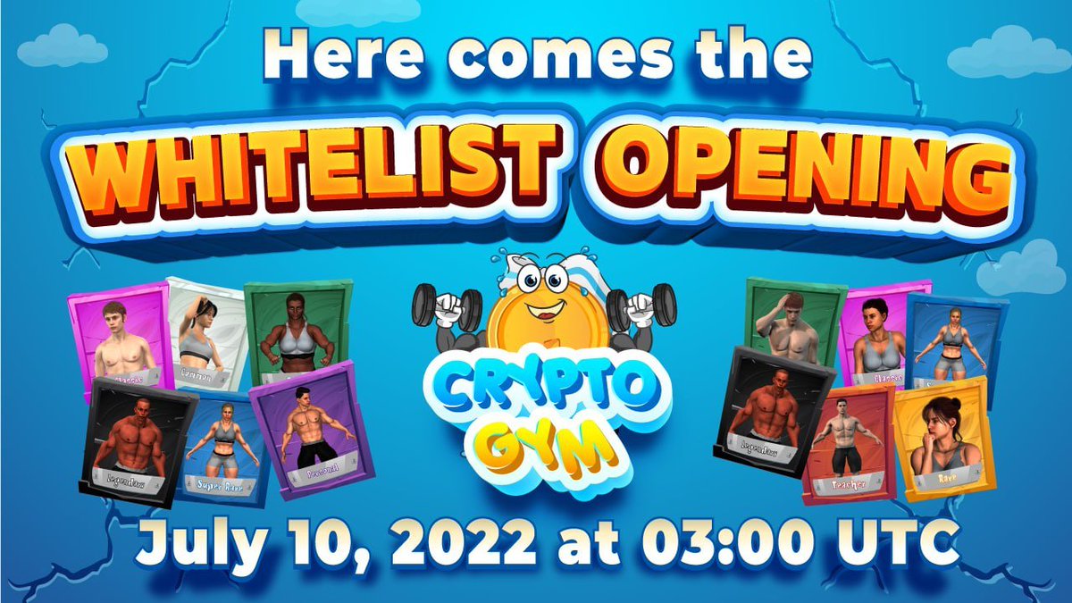 🎉 Enjoy our list of whites! 🎉

Our first round of whitelisting will be open on July 10!
📜 cryptogym.me/whitelist ✍️
It's quick, simple and easy!
Come take advantage of this Great Opportunity! 🚀
#CGYM #CryptoGym #PlaytoEarn #WhitelistGiveaway #BSC #Whitelist #Bitcoin #BNB