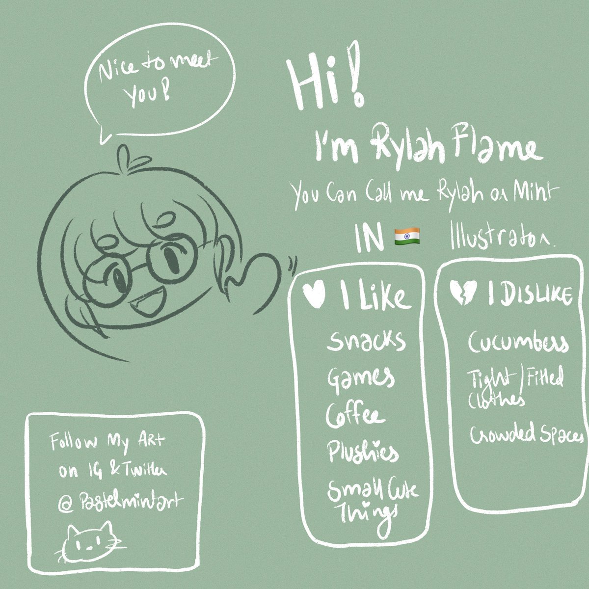rylahflame's tweet photo. A little About Me. Because I posted this on my art Twitter too.
Can follow me @pastelmintart 

I’m a little awkward but open to DMs if u wanna talk about games or fandom interests we share ! https://t.co/oNlM93xU0Z