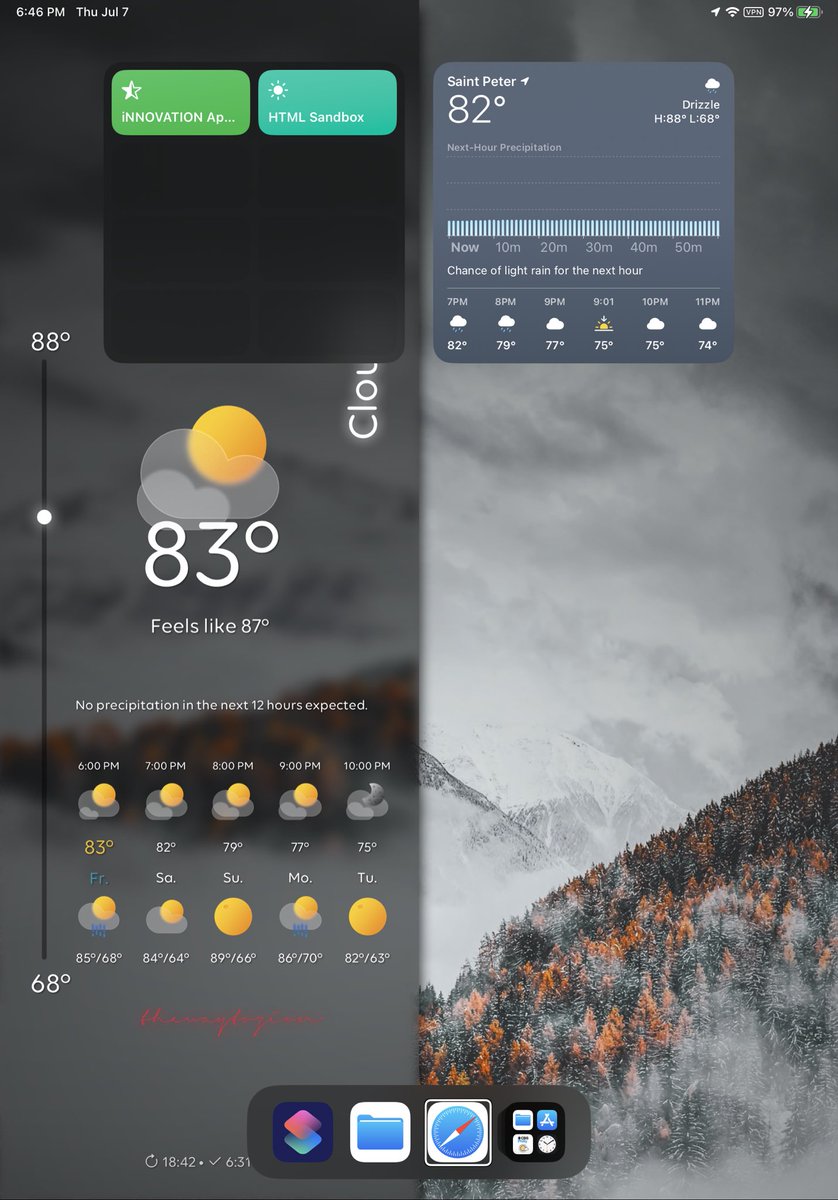 My #html_sandbox theme twtz_split by <a href="/thewaytozion/">5Eric</a> #ios16beta3 #nojailbreak using stock hs widgets for weather and shortcuts