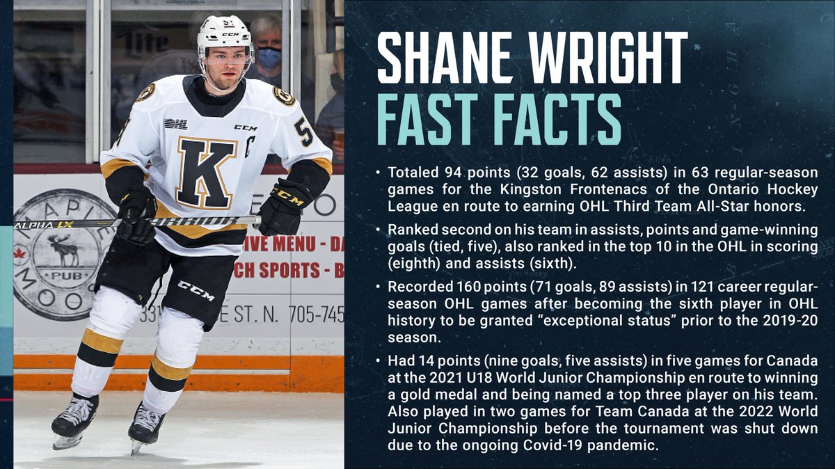 SeattleKrakenPR's tweet photo. With the fourth-overall pick in the 2022 NHL Draft, the #SeaKraken have selected forward Shane Wright from the @KingstonFronts. https://t.co/Whp23X6XBx