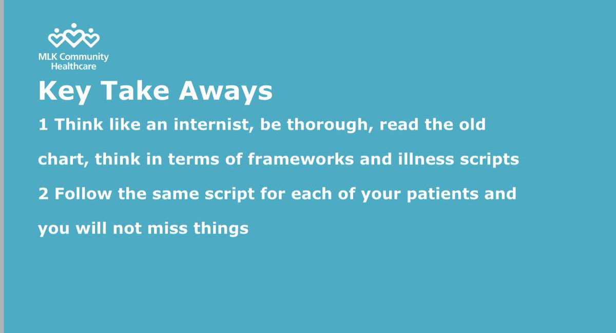 MedEdFanatic's tweet photo. Excellent presentation by @lindarella_la our @MLKCHresidency inpatient residency director who taught the interns the importance of #clinicalreasoning #illnessscripts & how to 🤔 like an internist #FOAMed https://t.co/16J87Njhlt
