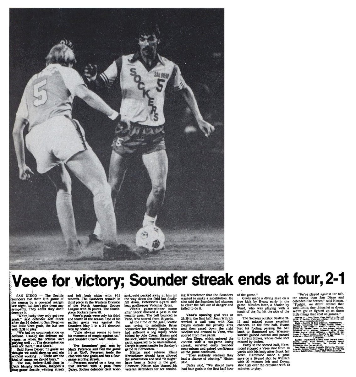 WA_Legends's tweet photo. Sounders (9-11) are a win away from reaching .500 when longtime nemesis Julie Veee scores yet again, nullifying Mark Peterson's equalizer. From San Diego, it's on to Edmonton and then back home for three in a row. #OTD 1982 #TimeMachineSounders1982 https://t.co/UJciUSPP7k