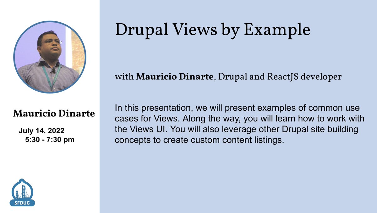 BADCamp's tweet photo. SFDUG July: Drupal Views by Example, with @dinarcon of @udrupalcom
July 14, 5:30pm PT - virtually on Zoom
https://t.co/nsoxFRRbvy https://t.co/fwC9OqKq5r