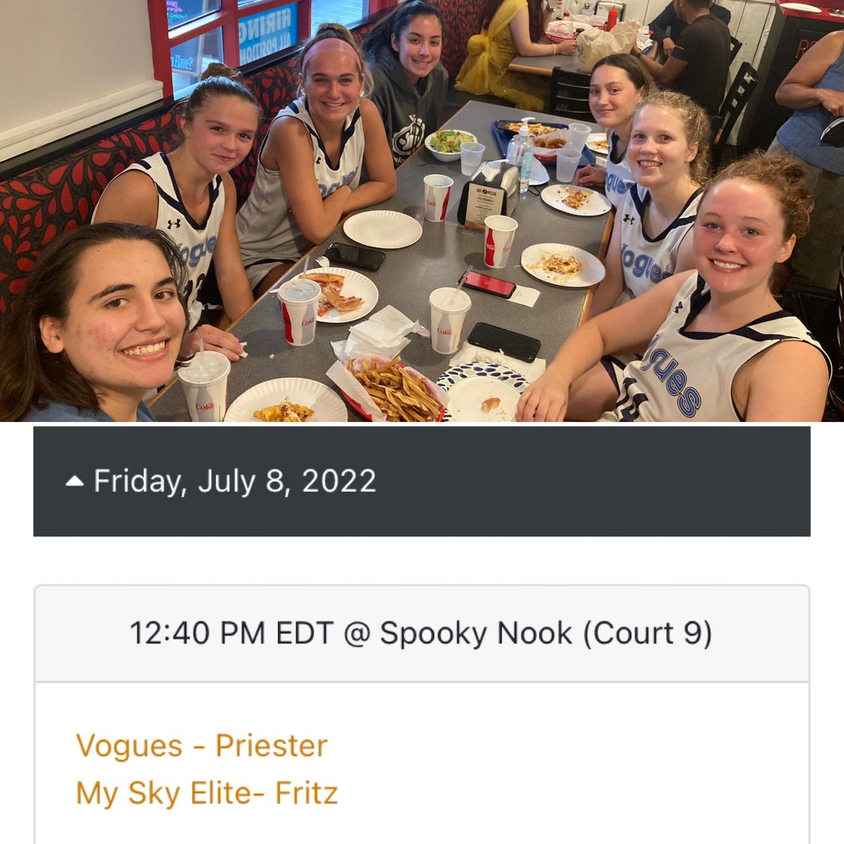 U17Vogues's tweet photo. Dinner after a long day at the @SelectEventsBB East Coast Summer Challenge.  Lost the first one to a talented Lady Red team and beat a scrappy CT Heat squad. One more tomorrow! https://t.co/HiGTUG42Gr