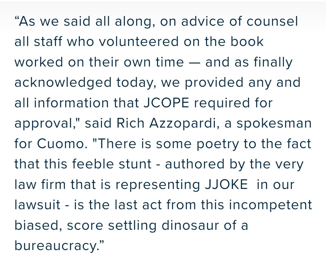 WandaPulsifer's tweet photo. Today's report pretty much details the lack of due diligence by JCOPE in approving Cuomo's book deal
Statement by Rich Azzopardi ⤵️ https://t.co/IBlCRgt7cz