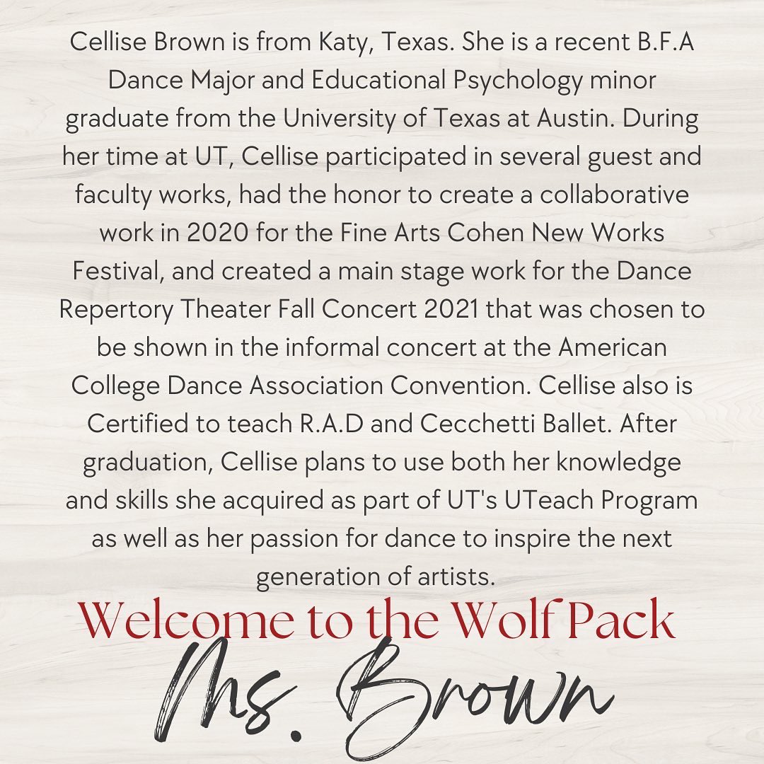 WeissScarlets's tweet image. Welcome to the Weiss Dance Department, Ms. Brown! We are so excited to have you! ❤️🖤