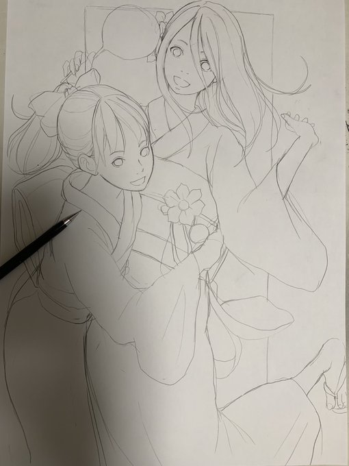 浴衣女子たちの線画
#イラスト
#線画
#ペン画 