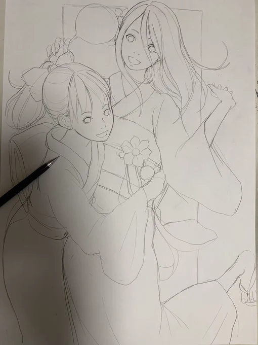 浴衣女子たちの線画
#イラスト
#線画
#ペン画 