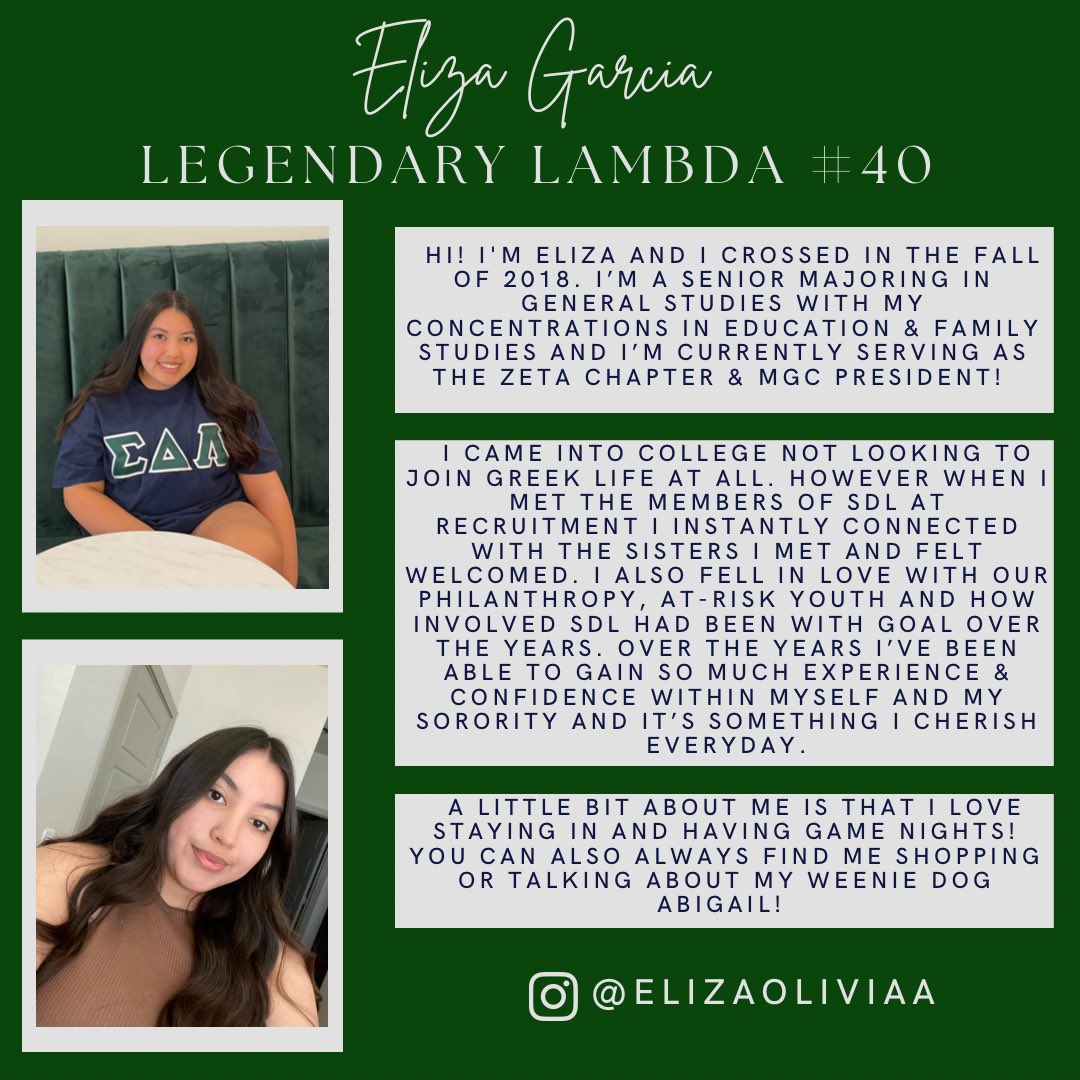 Dove Spotlight ✨: Eliza Garcia, Legendary Lambda # 40 

Get to know a bit about Eliza, and why she decided to join SDL! 

#sigmadeltalambda #twu26 #twu25 #twu24 #twugreeklife #twusdl #twumgc #sorority #multiculturalsorority #sdl #sisterspotlight #twu #texaswomansuniversity #ΣΔΛ