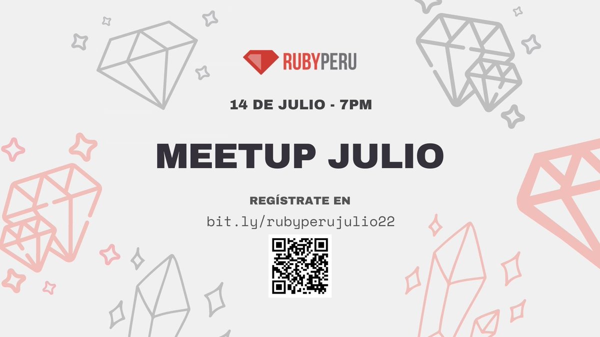 Los esperamos este 14 de Julio para un nuevo meetup!! No te lo pierdas🤓🤓. 
Para asistir, regístrate aquí: bit.ly/rubyperujulio22
