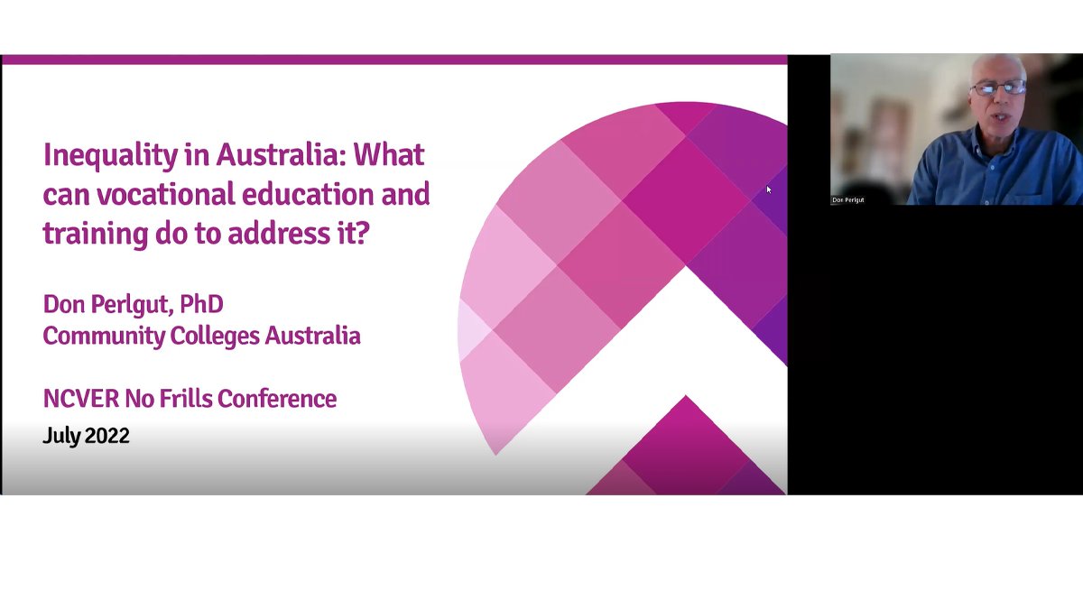 NCVER's tweet photo. On now at #NoFrills2022: @CCollegesAust CEO @DonPerlgut discussing how Australia's VET sector can make a substantial difference in reducing inequality & address future #skills needs.
#VocationalEducation #Apprenticeships #TrainingAustralia #TrainingDesign #SkillingAustralia https://t.co/19e5qyAxcB