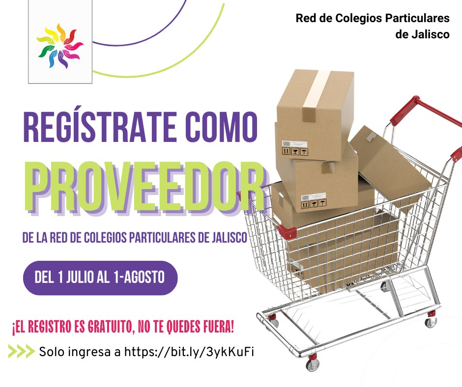 Del 1 de julio al 1 de agosto de 2022 regístrate como proveedor de la Red de Colegios Particulares de Jalisco. El registro es gratuito, ¡no te quedes fuera! Solo ingresa aquí bit.ly/3ykKuFI