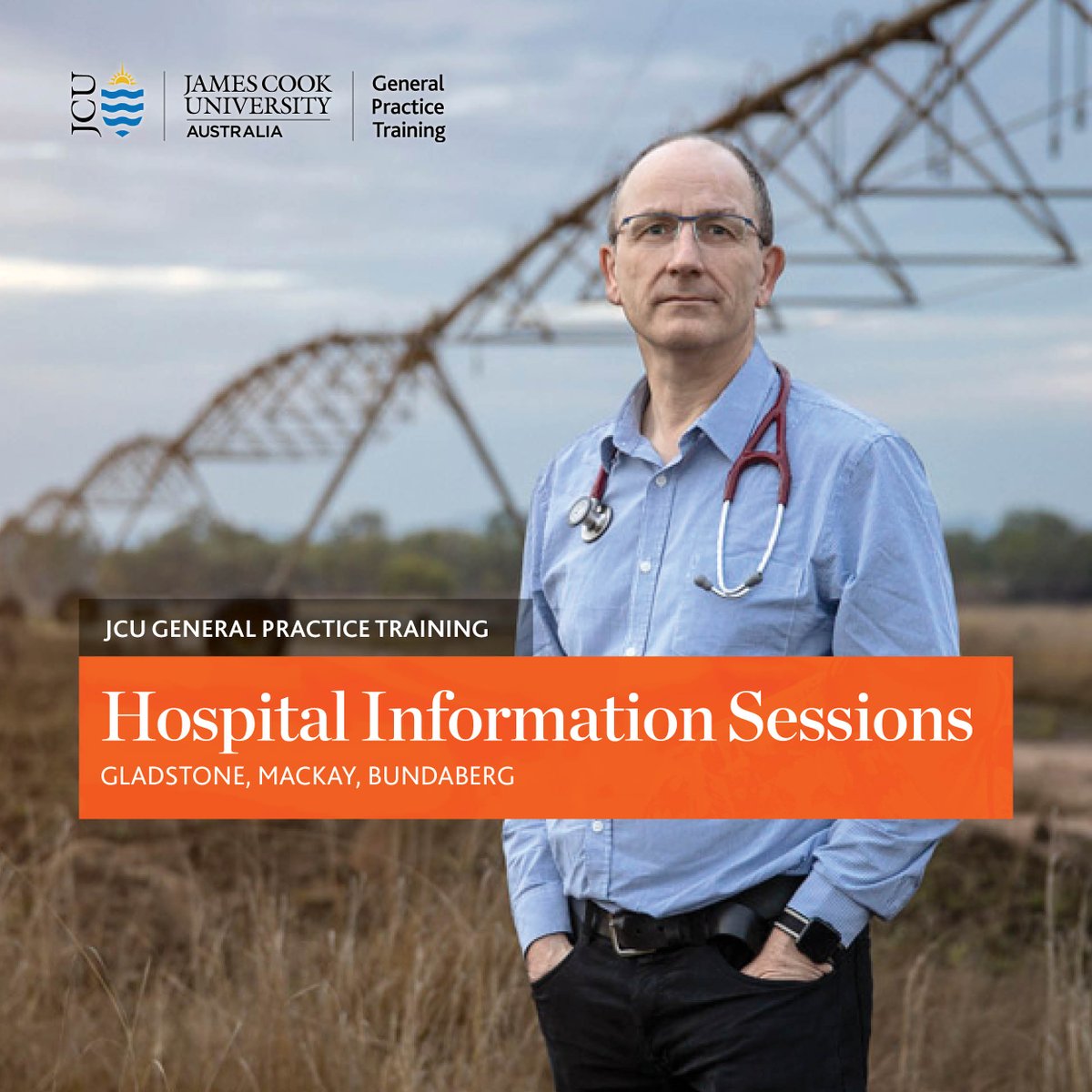 JCU COLLEGE OF MEDICINE & DENTISTRY (@jcumeddent) on Twitter photo Join your Hospital's Medical Education Unit and chat to our registrars living and training across our region.
Gladstone: Wednesday, 13 July, 12:30 - 1:30pm
Bundaberg: Thursday, 14 July 2022, 12:15 - 12:45pm
Mackay: Friday, 15 June, 5 - 8pm
Contact: jcugp.placements@jcu.edu.au Join your Hospital's Medical Education Unit and chat to our registrars living and training across our region.
Gladstone: Wednesday, 13 July, 12:30 - 1:30pm
Bundaberg: Thursday, 14 July 2022, 12:15 - 12:45pm
Mackay: Friday, 15 June, 5 - 8pm
Contact: jcugp.placements@jcu.edu.au