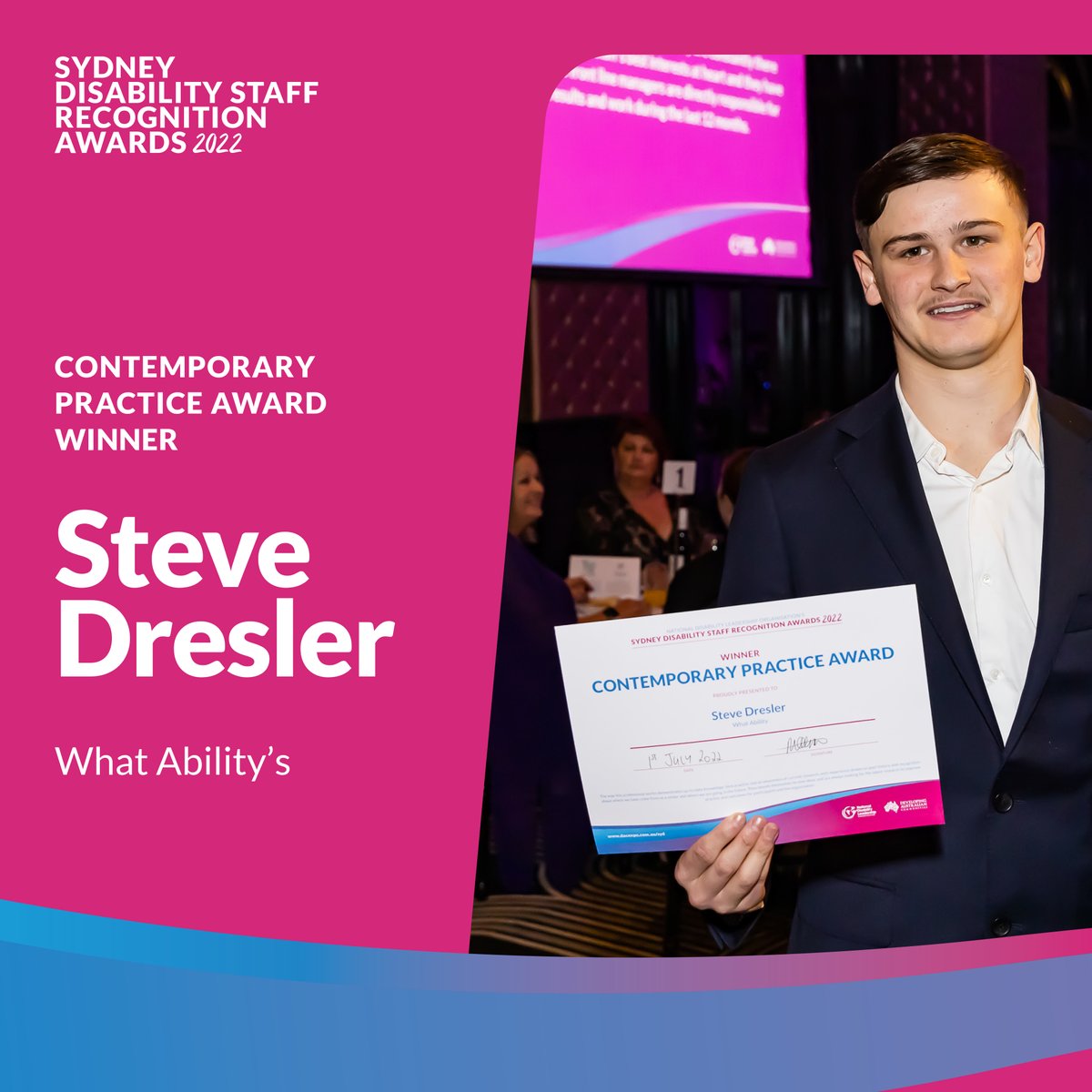 DevelopingAus's tweet photo. What Ability’s Steve Dresler stole the show when he took home the award for top Contemporary Practice at the Sydney Disability Staff Recognition Awards 2022!

We are proud of all nominees. Everybody had a ball that night! Check out our photo gallery https://t.co/IcNfnN8zEX https://t.co/CRZzx9Btjb