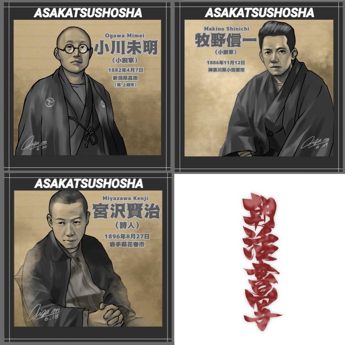 朝活書写1000回中、お題回数が多い偉人さんを調べてみました。第1位は、小川未明氏と牧野信一氏の19回、第3位は宮沢賢治氏の16回でした。この御三方の御尊顔は、かなり描いたイメージがあります🤔
#朝活書写 
#先月描いた絵を晒そう  #絵描きさんと繋がりたい 