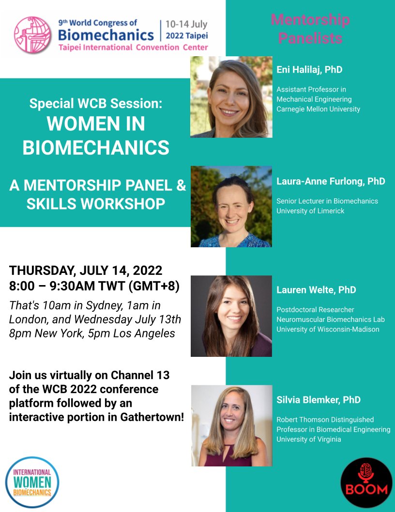 Join Women in Biomechanics panel for a discussion on mentorship and identifying skill areas of strength and growth. Fill out the worksheet Google Sheet (docs.google.com/spreadsheets/d…) and meet us in Gathertown to interact with other session attendees!