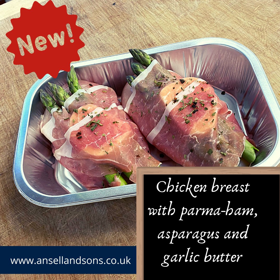 New from the ready to go range British chicken breasts with asparagus and garlic butter wrapped in the finest parma ham, £3.90 each / £7.80 for two! info@ansellandsons.co.uk #quality #British #shoplocal