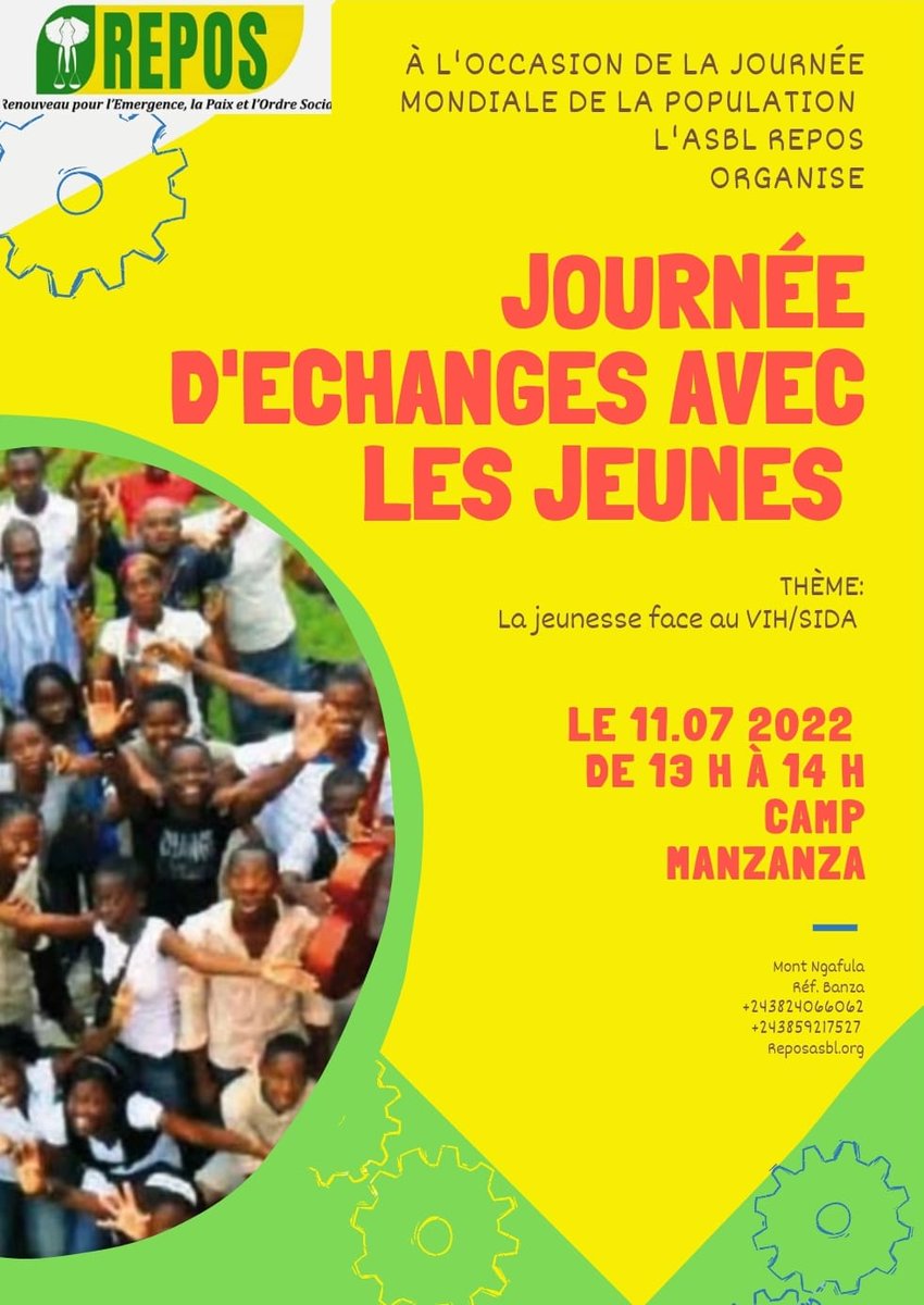 REPOS26240294's tweet photo. Bonjour et bon début de weekend à tous!

A l'occasion de la journée mondiale de la population, nous serons au camp Manzanza ce lundi 11.07.
La Jeunesse d'abord...
Le VIH/SIDA est une réalité... https://t.co/IErk8wXi7o