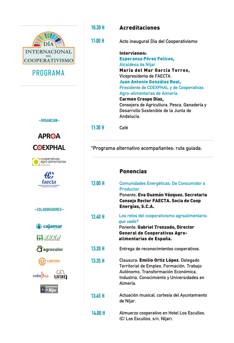 Coexphal's tweet photo. ¡Llegó el día! Hoy nos encontramos en Los Escullos para celebrar junto a nuestras empresas asociadas y @APROA_AOP @CoopsAgroAND @FAECTA_ @Cajamar @Agrocolor #VidaMar @GrupoUniq #SUCA @ayto_nijar el Día Internacional del Cooperativismo. #CoopsDay https://t.co/PMIuzkXHKf