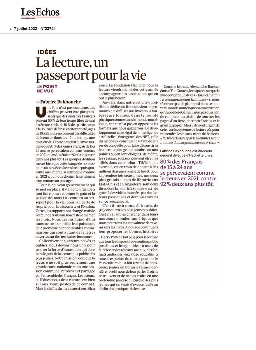 Bien dit Fabrice 📚! Cc <a href="/LesEchos/">Les Echos</a> <a href="/HachetteLivre/">Hachette Livre</a> #lecture