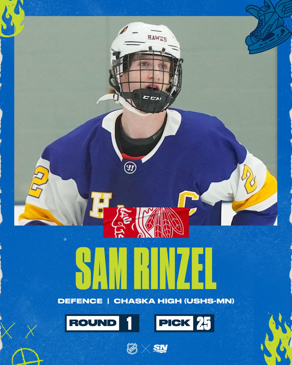 Sportsnet's tweet photo. With the 25th overall pick in the 2022 #NHLDraft, the @NHLBlackhawks select Sam Rinzel! https://t.co/x1n94yNqnt