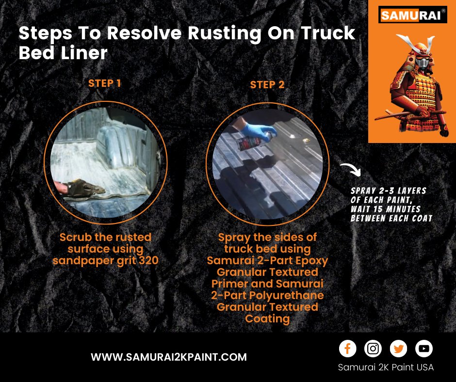 Samurai2KUSA's tweet photo. Just follow these steps to ✨ EASILY ✨ solve rust issues on your truck bed liner! 🛠 You should never have to worry about rusting on your truck bed liner any longer! 💯

#samuraipaint #DIY #PaintYourLove #spraypaint #rust #rusting #truckbedliner #truck https://t.co/js7THsRBCW