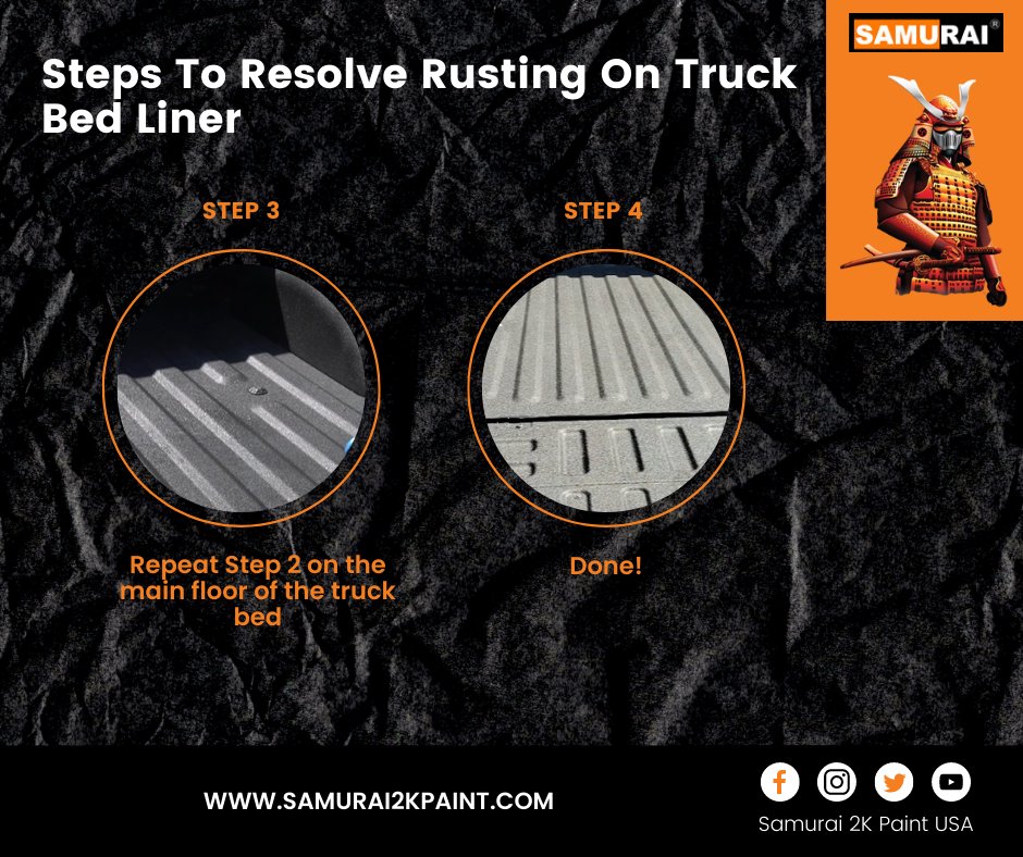 Samurai2KUSA's tweet photo. Just follow these steps to ✨ EASILY ✨ solve rust issues on your truck bed liner! 🛠 You should never have to worry about rusting on your truck bed liner any longer! 💯

#samuraipaint #DIY #PaintYourLove #spraypaint #rust #rusting #truckbedliner #truck https://t.co/js7THsRBCW