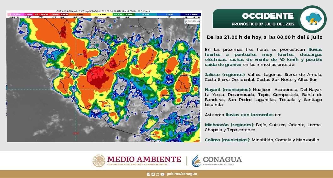 conagua_clima's tweet image. Esta noche en sitios de #Jalisco y #Nayarit, se prevén #Lluvias fuertes a puntuales muy fuertes, #DescargasEléctricas, #Rachas de #Viento de 40 km/h y posible caída de #Granizo. 

Información completa 👇