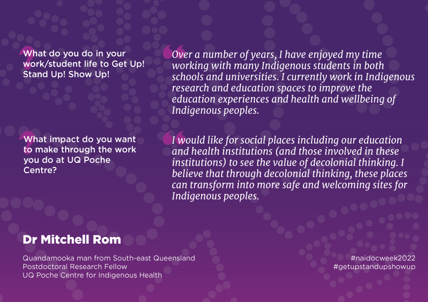 Happy #NAIDOCWeek2022 🤎
Quandamooka man Dr Mitchell Rom is our Postdoctoral Research Fellow advocating strength-based thinking & decoloniality with a focus on the key learning, teaching & policy challenges in the contemporary #Indigenous Australian #education space @ university.